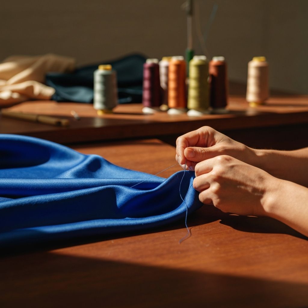 Artisan carefully hand-stitching luxury fabric in our atelier